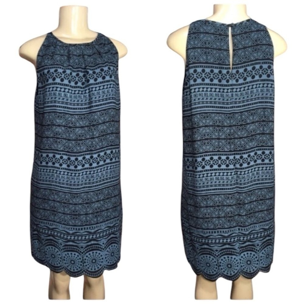 LOFT Geometric Tribal Shift Dress Women 10P Blue Black Scalloped Hem Sleeveless